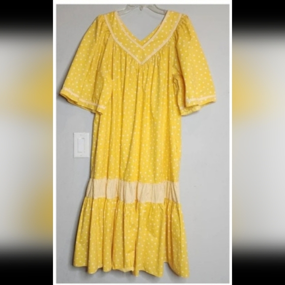 Vintage Two Potato Yellow Polka Dot Midi  Dress Mumu Wide Sleeve Pockets XL - Picture 16 of 16